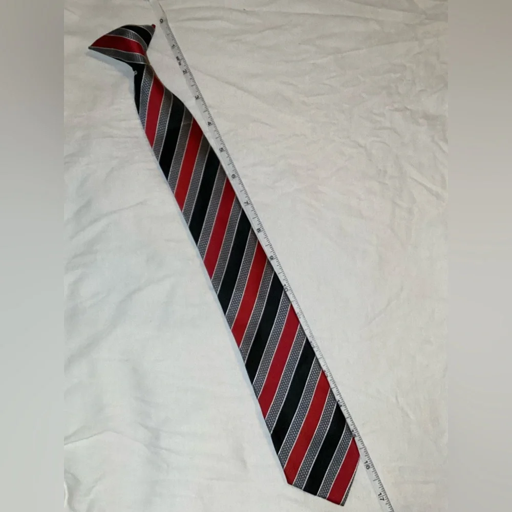 Boys Red Black & Gray Striped clip-on tie, EUC
